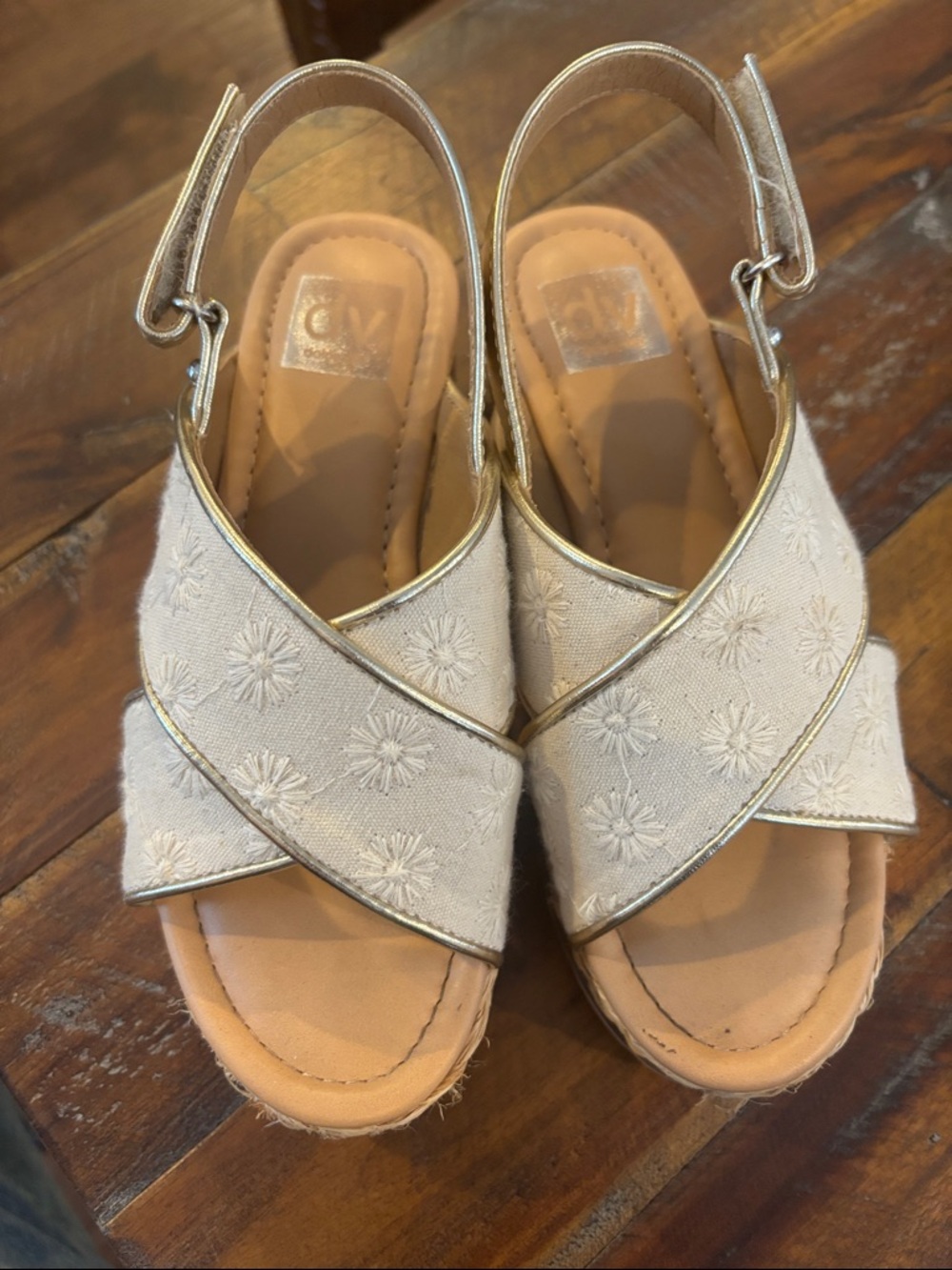 Girls Embroidered Cream Cross-Strap Slingback Sandals with Gold Trim
